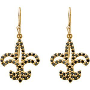 14K Gold Round Natural Black Diamond Fleur-de-lis Earrings - Yellow Gold - view 2