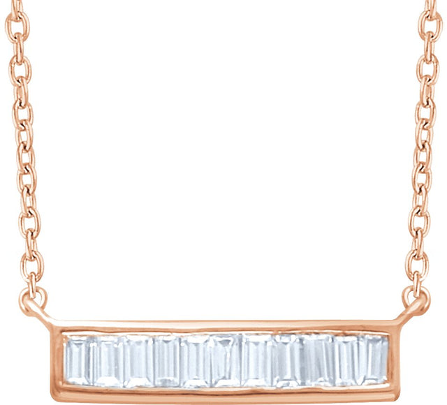 14K Gold Straight Baguette Natural Diamond Baguette Bar Necklace - Rose Gold