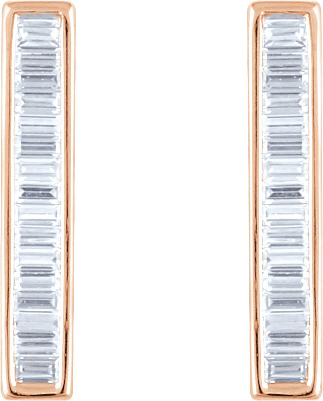 14K Gold Natural Diamond Baguette Bar Earrings - Rose Gold - view 2