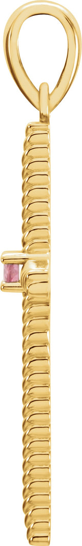14K Gold Round Natural Pink Tourmaline Rope Cross Pendant - Yellow Gold - view 2