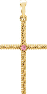 14K Gold Round Natural Pink Tourmaline Rope Cross Pendant - Yellow Gold
