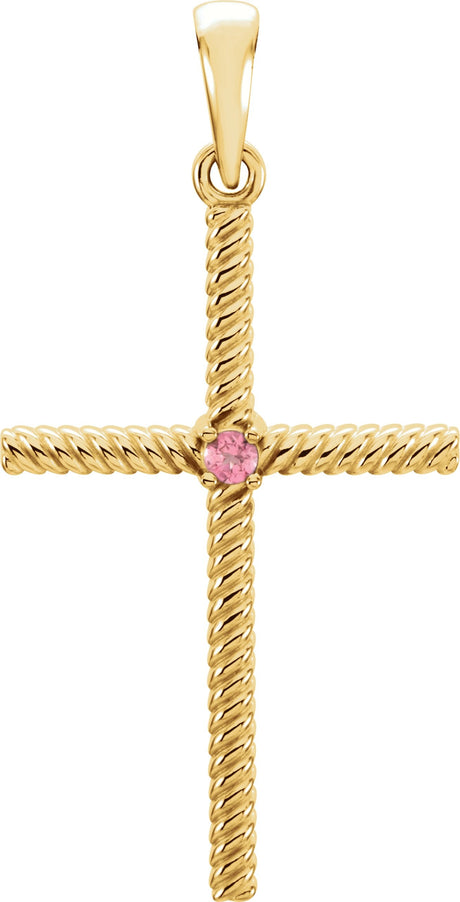 14K Gold Round Natural Pink Tourmaline Rope Cross Pendant - Yellow Gold