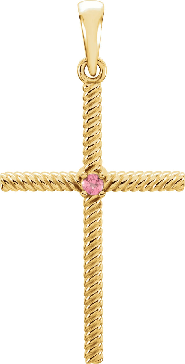 14K Gold Round Natural Pink Tourmaline Rope Cross Pendant - Yellow Gold