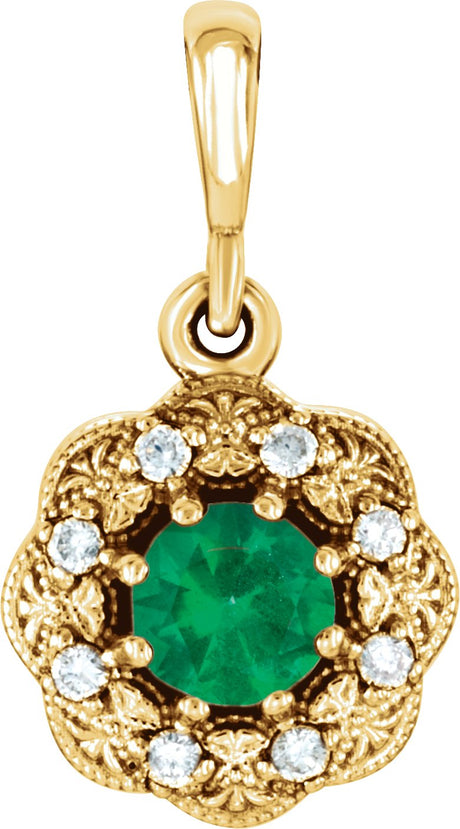 14K Gold Round Natural Emerald Halo-Style Pendant – 0.06 CTW - Yellow Gold