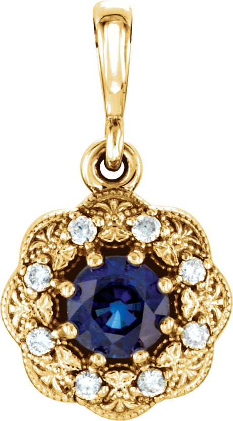 14K Gold Round Natural Blue Sapphire Halo-Style Pendant – 0.06 CTW - Yellow Gold