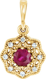 14K Gold Round Natural Ruby Halo-Style Pendant - Yellow Gold