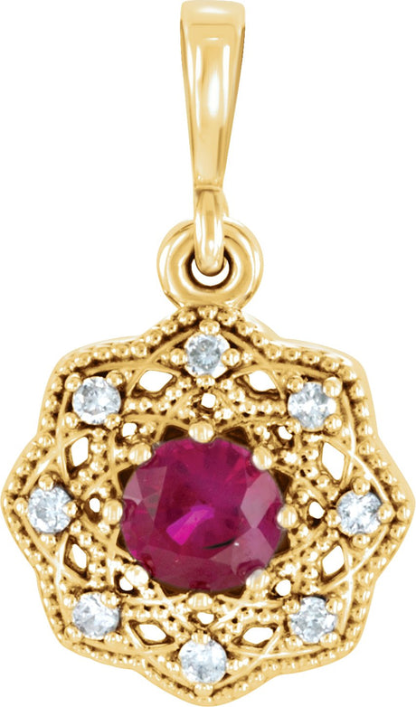 14K Gold Round Natural Ruby Halo-Style Pendant - Yellow Gold
