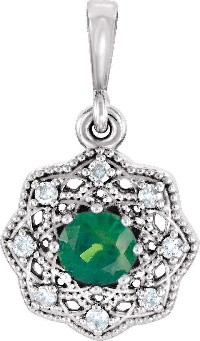 14K Gold Round Natural Emerald Halo-Style Pendant - White Gold