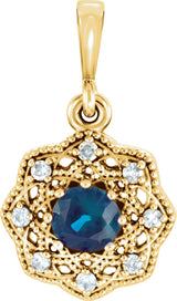 14K Gold Round Natural Blue Sapphire Halo-Style Pendant - Yellow Gold
