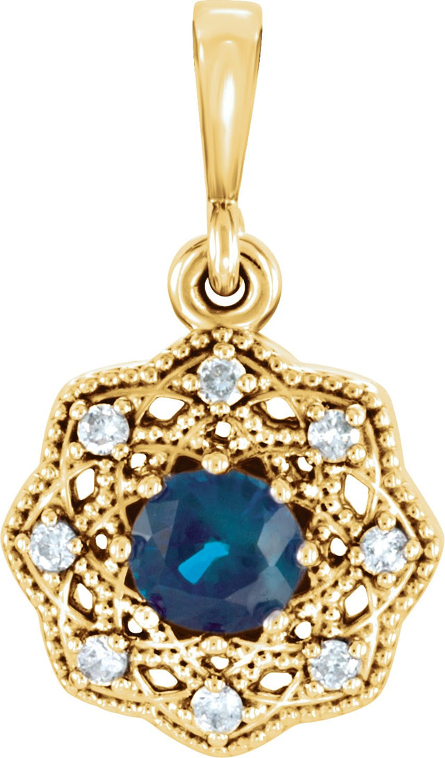14K Gold Round Natural Blue Sapphire Halo-Style Pendant - Yellow Gold