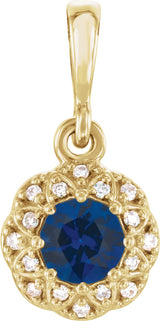 14K Gold Round Natural Blue Sapphire Halo-Style Pendant – 0.04 CTW - Yellow Gold