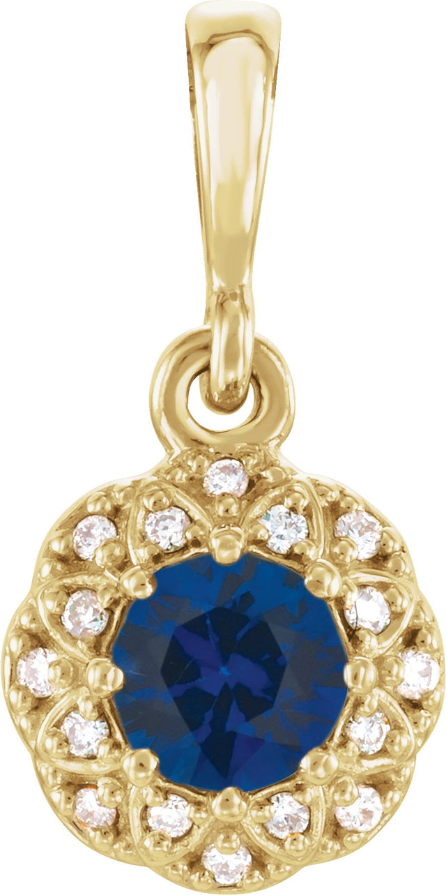 14K Gold Round Natural Blue Sapphire Halo-Style Pendant – 0.04 CTW - Yellow Gold