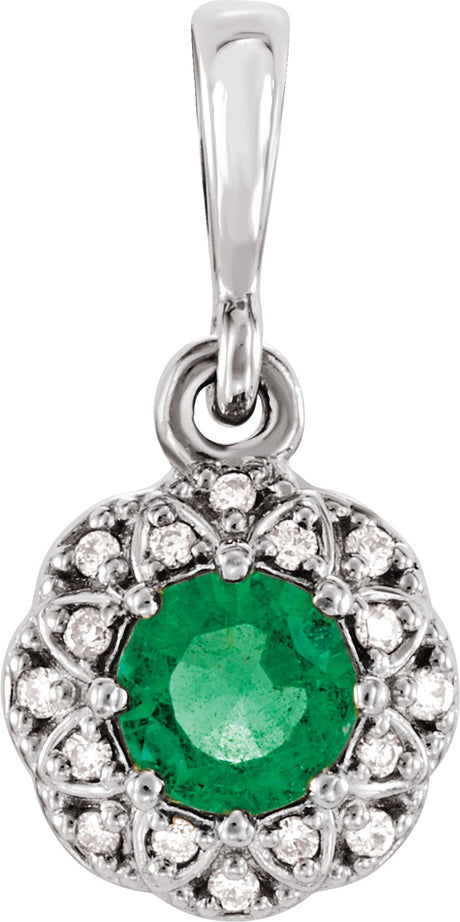 Platinum Round Natural Emerald Halo-Style Pendant – 0.04 CTW