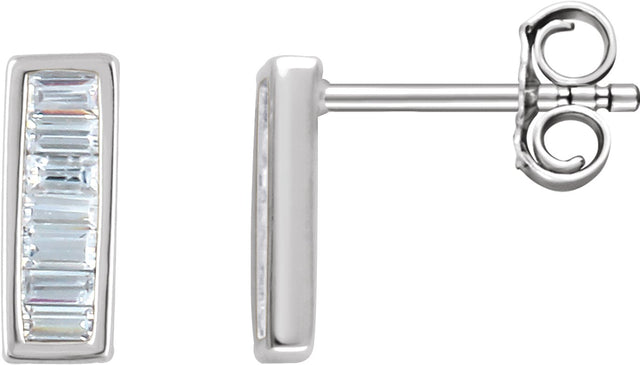 14K Gold Natural Diamond Baguette Bar Earrings - White Gold