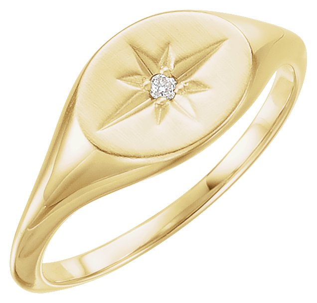 14K Gold Round Natural Diamond Oval Signet Ring - Yellow Gold