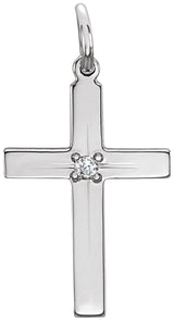 14K Gold Round Natural Diamond Cross Necklace or Pendant - White Gold