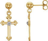 14K Gold Round Natural Diamond Accented Cross Earrings – 1mm Stones - Yellow Gold