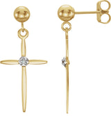 14K Gold Round Natural Diamond Cross & Ball Earrings - Two-Tone