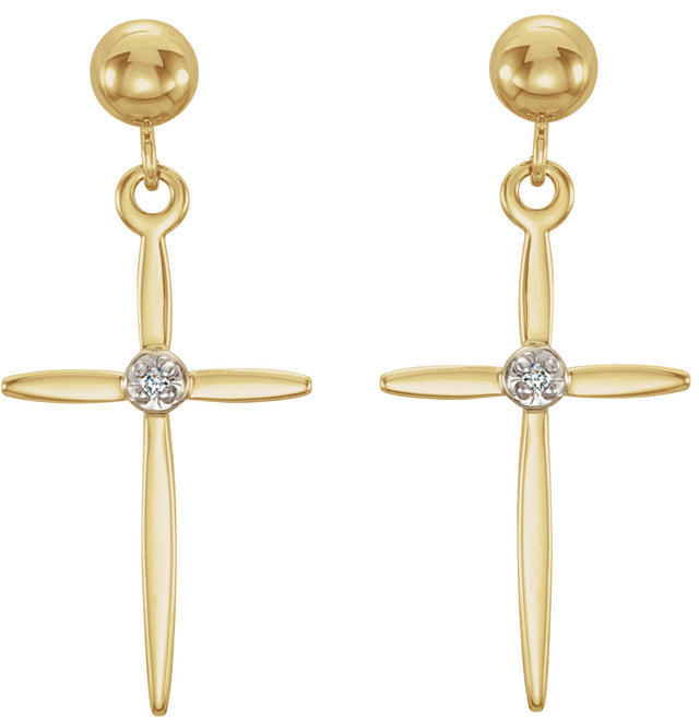 14K Gold Round Natural Diamond Cross & Ball Earrings - Two-Tone - view 2