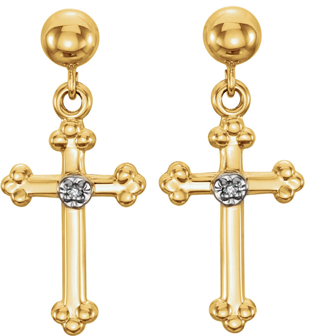 14K Gold Round Natural Diamond Accented Cross Earrings – 1mm Stones - Yellow Gold - view 2