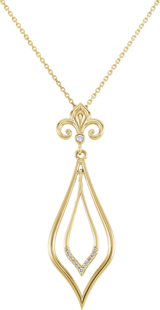 14K Gold Round Natural Diamond Fleur-de-lis Necklace or Pendant – 1.75mm Stones
