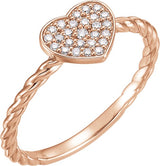 14K Gold Round Natural Diamond Pavé-Style Heart Rope Ring - Rose Gold