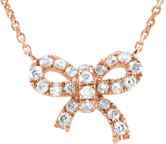 14K Gold Round Natural Diamond Bow Necklace - Rose Gold