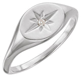 14K Gold Round Natural Diamond Oval Signet Ring - White Gold