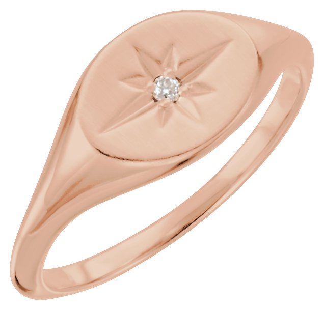 14K Gold Round Natural Diamond Oval Signet Ring - Rose Gold