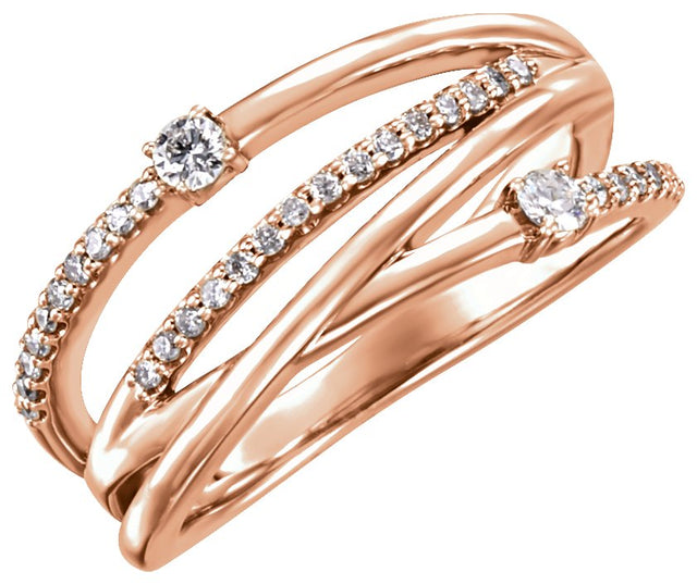 14K Gold Round Natural Diamond Criss-Cross Ring – 2.4mm Stones - Rose Gold