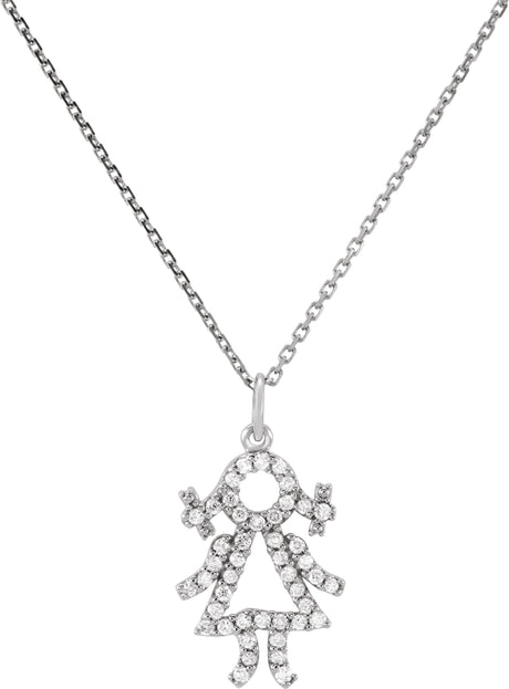 14K Gold Round Natural Diamond Little Girl Pendant - White Gold