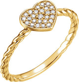 14K Gold Round Natural Diamond Pavé-Style Heart Rope Ring - Yellow Gold