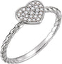 14K Gold Round Natural Diamond Pavé-Style Heart Rope Ring - White Gold