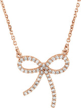 14K Gold Round Natural Diamond Bow Necklace – 1/5 CTW - Rose Gold