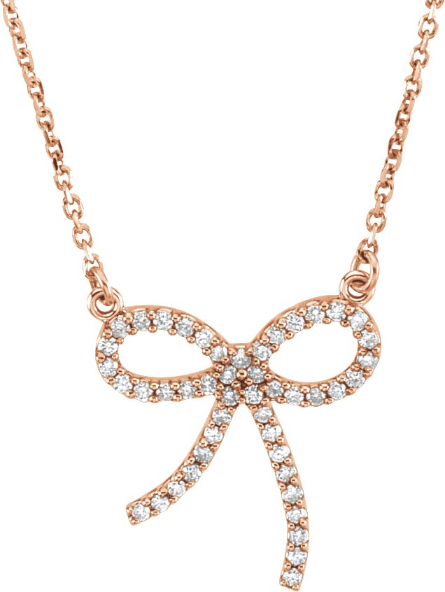 14K Gold Round Natural Diamond Bow Necklace – 1/5 CTW - Rose Gold