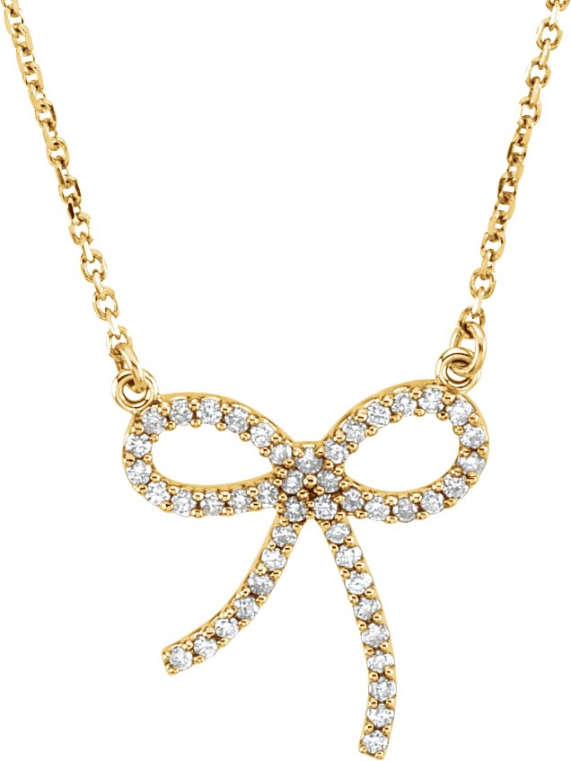 14K Gold Round Natural Diamond Bow Necklace – 1/5 CTW - Yellow Gold