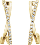 14K Gold Round Natural Diamond Criss-Cross J-Hoop Earrings – 1.1mm Stones - Yellow Gold - view 2