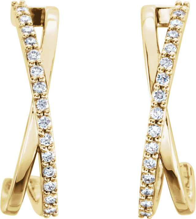 14K Gold Round Natural Diamond Criss-Cross J-Hoop Earrings – 1.1mm Stones - Yellow Gold - view 2