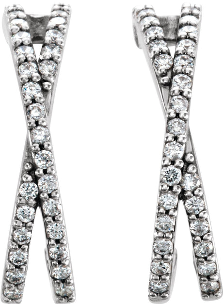 Platinum Round Natural Diamond Criss-Cross J-Hoop Earrings - view 2