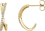 14K Gold Round Natural Diamond Criss-Cross J-Hoop Earrings – 1.1mm Stones - Yellow Gold