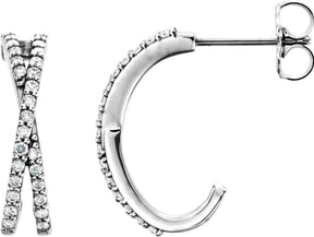 14K Gold Round Natural Diamond Criss-Cross J-Hoop Earrings - White Gold