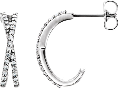 14K Gold Round Natural Diamond Criss-Cross J-Hoop Earrings - White Gold