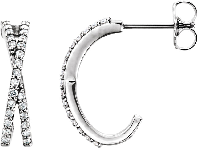 14K Gold Round Natural Diamond Criss-Cross J-Hoop Earrings - White Gold