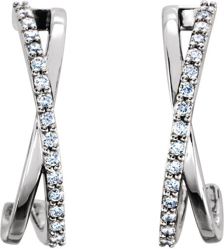 Platinum Round Natural Diamond Criss-Cross J-Hoop Earrings – 1.1mm Stones - view 2