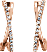 14K Gold Round Natural Diamond Criss-Cross J-Hoop Earrings – 1.1mm Stones - Rose Gold - view 2