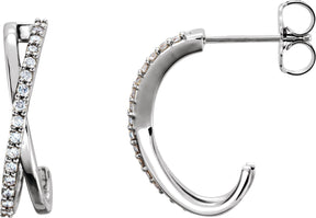 Platinum Round Natural Diamond Criss-Cross J-Hoop Earrings – 1.1mm Stones