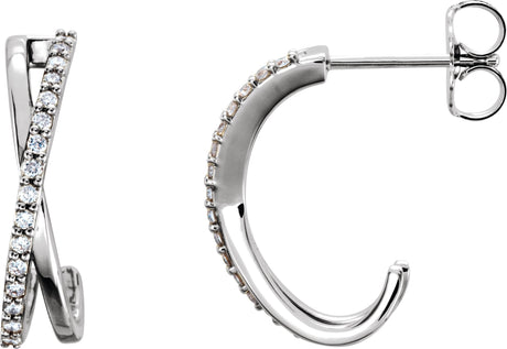 14K Gold Round Natural Diamond Criss-Cross J-Hoop Earrings – 1.1mm Stones - White Gold