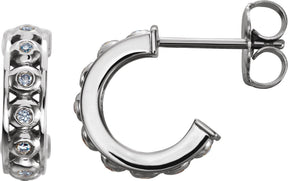 14K Gold Round Natural Diamond Bezel-Set Hoop Earrings - White Gold