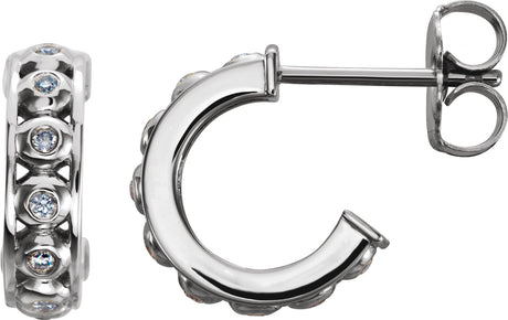 14K Gold Round Natural Diamond Bezel-Set Hoop Earrings - White Gold