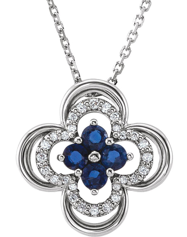 Platinum Round Lab-Grown Blue Sapphire Clover Necklace or Pendant